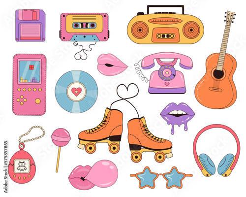 Retro nostalgic 90's clipart set. Collection of Cool Cute Stickers. Trendy Pop Culture badges y2k, 90s graphic design icons.