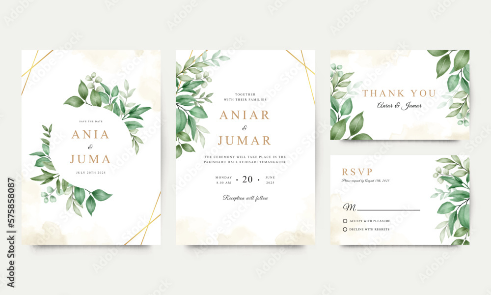 Set of wedding invitation templates with green leaves