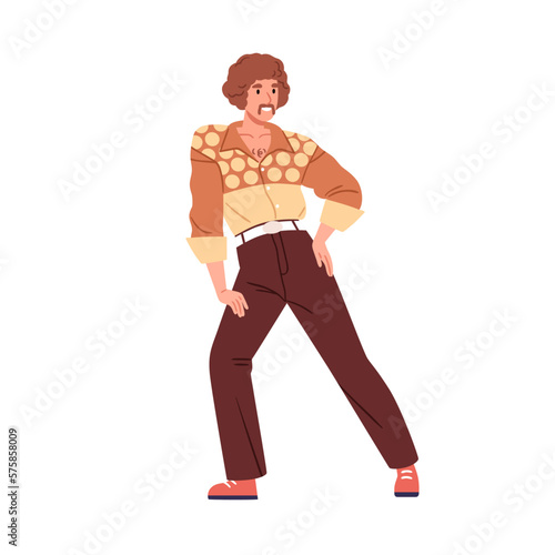 80s retro-styled man in fashion apparel of 1980s. Happy male character dancin...