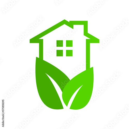 Green eco building house leaves tree environmentally ecology friendly icon logo vector design