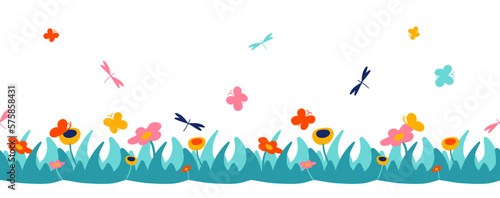 Floral seamless border isolated on white background. Blooming flowers, grass and insects. Butterflies and dragonflies. Cute doodle lawn. Vector illustration