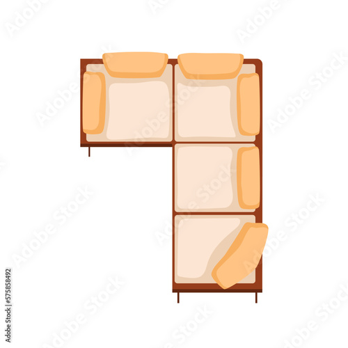 Corner sofa, big comfortable couch design, above top view. Soft lounge furnit...