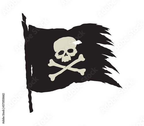 Vector wavy black tattered pirate flag with skull and crossbones symbol. Isolated on white background