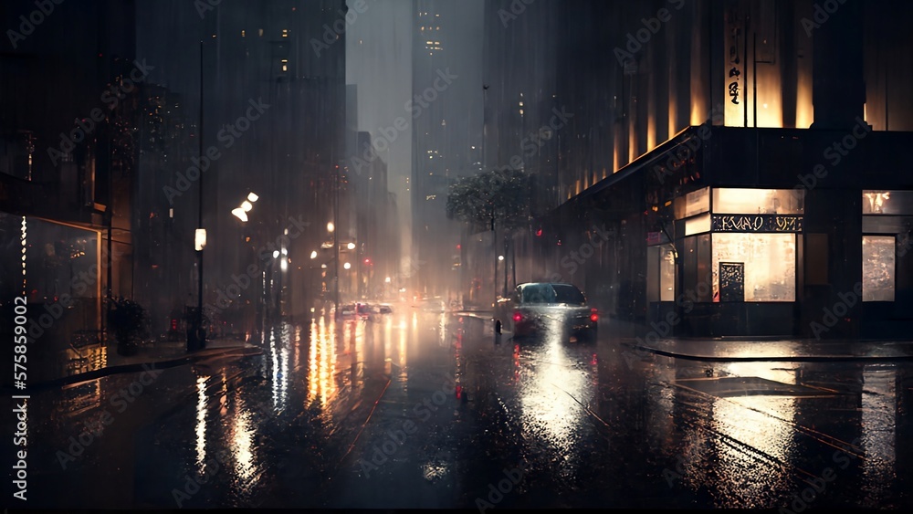 Rainy cityscape at night