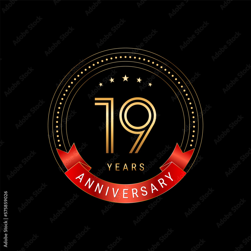 Fototapeta premium 19th Anniversary. Anniversary logo design with golden number and red ribbon. Logo Vector Template