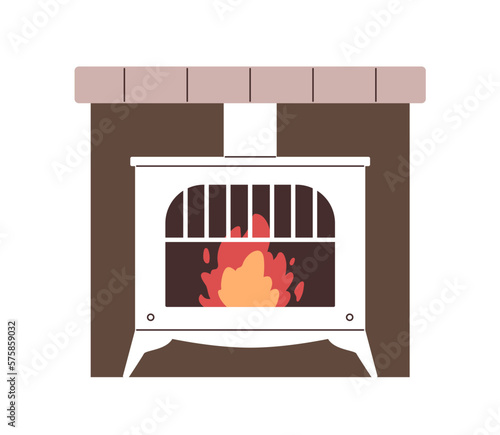 Fire flames in fireplace. Cozy home fireside with burning blazes, metal grate. House hearth. Cosy indoor furnace decoration. Flat vector illustration isolated on white background