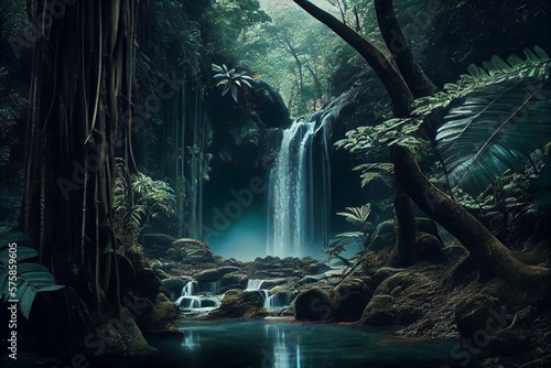 Waterfall forest nature tropical background. Jungle wallpaper. Generative ai. © pa-ka