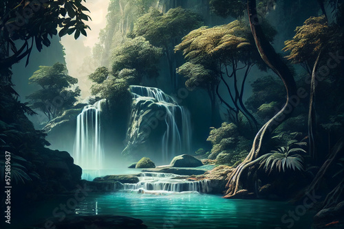 Waterfall forest nature tropical background. Jungle wallpaper. Generative ai.