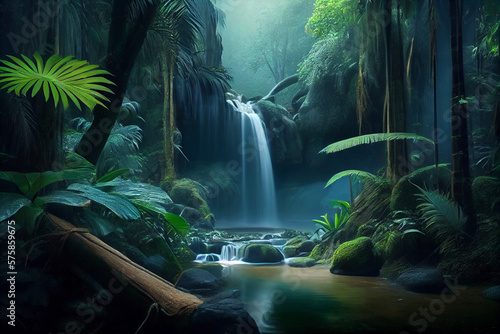 Waterfall forest nature tropical background. Jungle wallpaper. Generative ai.