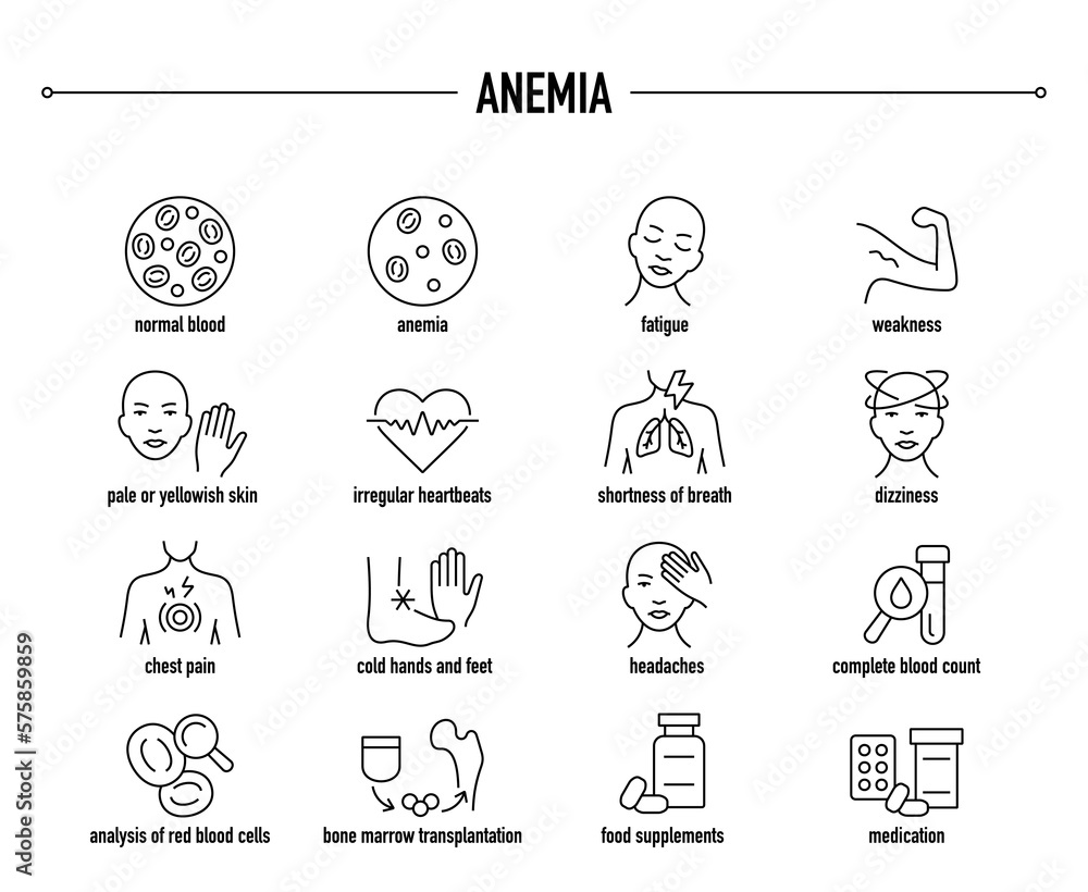 Anemia symptoms, diagnostic and treatment vector icon set. Line editable medical icons.