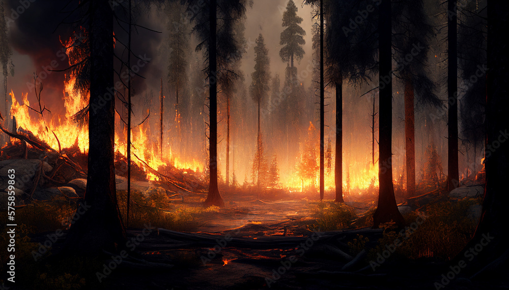 Fire in the forest. Created with generative AI technology.