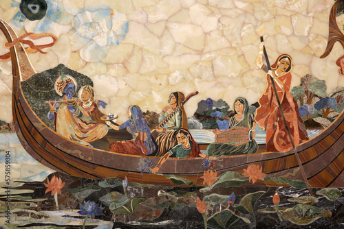 Canvastavla Mosaic depicting Hindu god Krishna with gopis in a boat . India.
