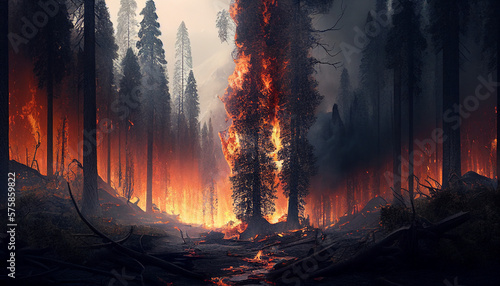 Fire in the forest. Created with generative AI technology. © ruang