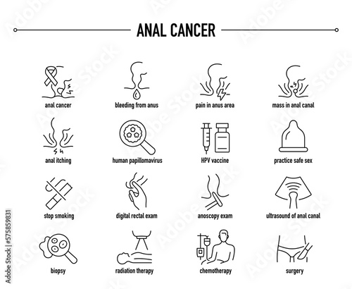 Anal Cancer symptoms, diagnostic and treatment vector icon set. Line editable medical icons.