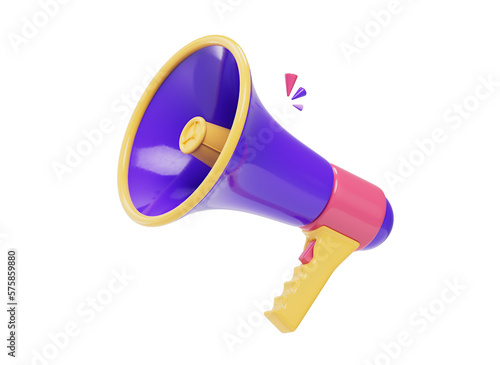 3D Megaphone cartoon icon. Promotional loudspeaker concept. Marketing announcement symbol. News announcement illustration. Cartoon style design 3D icon isolated on a white background. 3D rendering. (ID: 575859880)