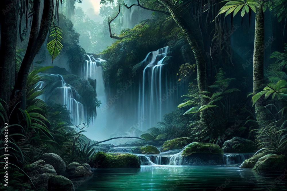 Waterfall forest nature tropical background. Jungle wallpaper. Generative ai.