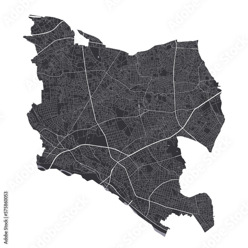 Setagaya map. Detailed black map of Setagaya city poster with roads. Cityscape urban vector. Black land with white roads and avenues.