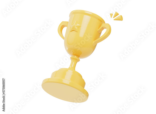 3D trophy cup icon. Victory cup symbol. First place recognition. Sports champion cup. Golden cup icon. Winning reward symbol. Cartoon style design 3D icon isolated on white background. 3D rendering.