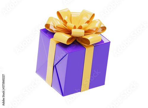 3D gift box icon. Purple gift box with ribbon and bow. Holiday present concept. Loyalty program reward. Cartoon holiday gifts. Cartoon style design 3D icon isolated on white background. 3D rendering. (ID: 575860227)
