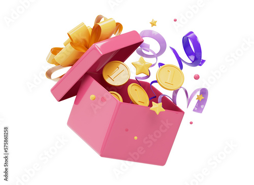3D Open gift box icon with floating golden coins. Golden coin in gift box. Surprise money gift. Loyalty reward concept. Cartoon style design 3D icon isolated on white background. 3D rendering. (ID: 575860258)