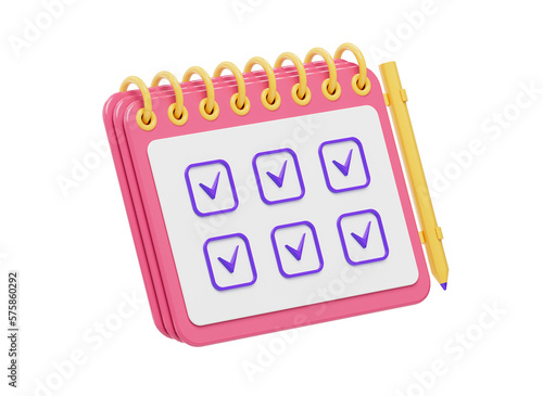 3D Notes with Check mark and pen. Business planning concept. Time management tool. Calendar to-do list. Cartoon style design 3D icon isolated on white background. 3D rendering. (ID: 575860292)