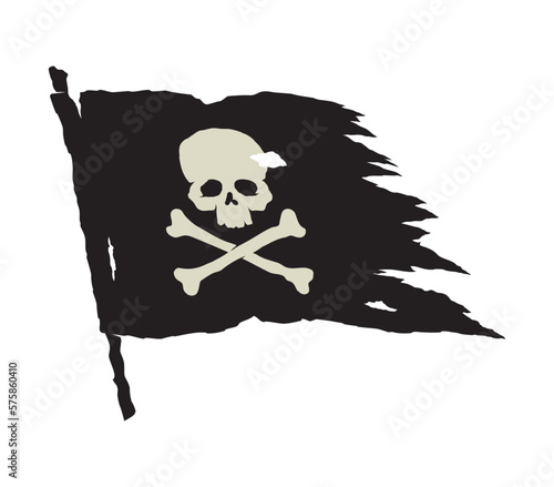 Vector black tattered pirate flag with skull and crossbones symbol. Isolated on white background