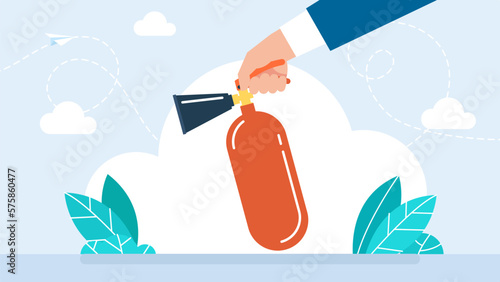 Fire extinguishing illustration. Extinguish fire. Fireman hold in hand fire extinguisher. Hands holding red fire extinguisher. Safety concept, protective warning.  Flat design. Vector illustration.