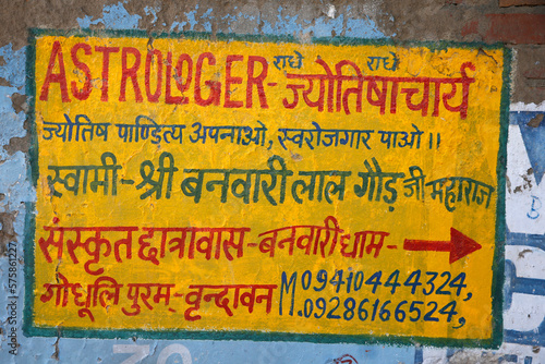 Astrologer's sign in Vrindavan, Uttar Pradesh. India.