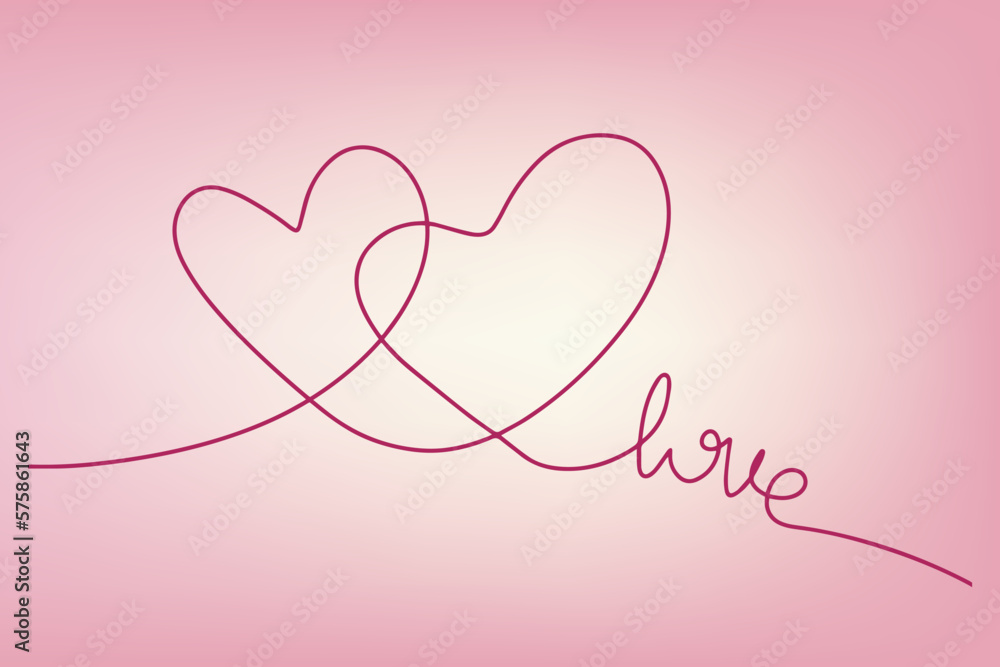 Continuous drawing of a pair of hearts and the inscription love. Fashionable minimalist illustration. Drawing in one line