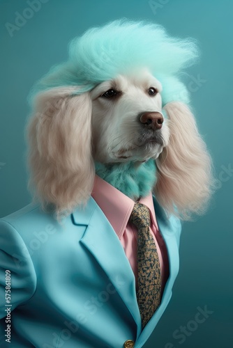 A portrait of an anthropomorphic dog in a business suit, blue background (generative ai) © Marpe