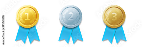 Gold, silver and bronze medal ribbons, champion awards vector badges set. Medal trophy, blue ribbon certificate for sport game challenge achievement and victory award
