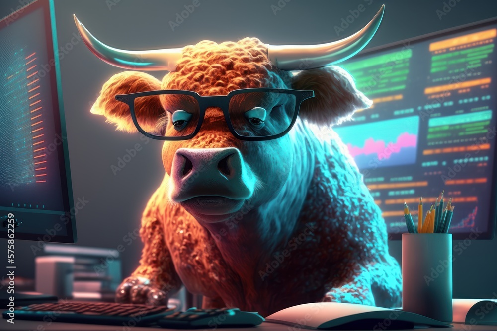 Bull trading with computer, Bullish in Stock market and Crypto currency. Generative Ai - obrazy, fototapety, plakaty 