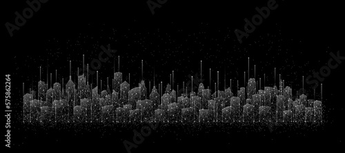Digital city on dark background. Urban architecture illustration, cityscape with space and light effect. Modern building science concept. Technology future in big data for banner background.