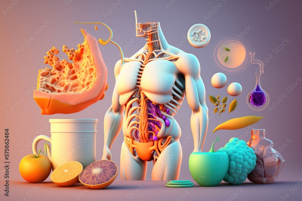Fruits forming a human body metabolism and nutrition, Eating Diet Food for  Energy and Digestion. Generative Ai Stock Illustration