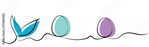 Wide simple banner with easter bunny and eggs on white background, vector illustration in line art style and minimalism. Concept - rabbit ears in the grass