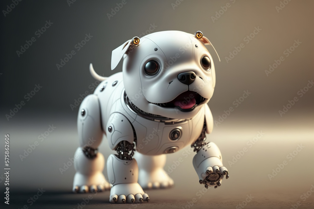 Cute robotic puppy on empty background. White happy little dog robot. Futuristic pet assistant powered by artificial intelligence. Generative ai Cute robotic puppy on empty background. White happy little dog robot. Futuristic pet assistant powered by artificial intelligence. Generative ai