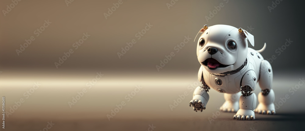 Cute robotic puppy isolated on large empty background. White happy little dog robot. Futuristic pet assistant powered by artificial intelligence. Generative ai Cute robotic puppy isolated on large empty background. White happy little dog robot. Futuristic pet assistant powered by artificial intelligence. Generative ai