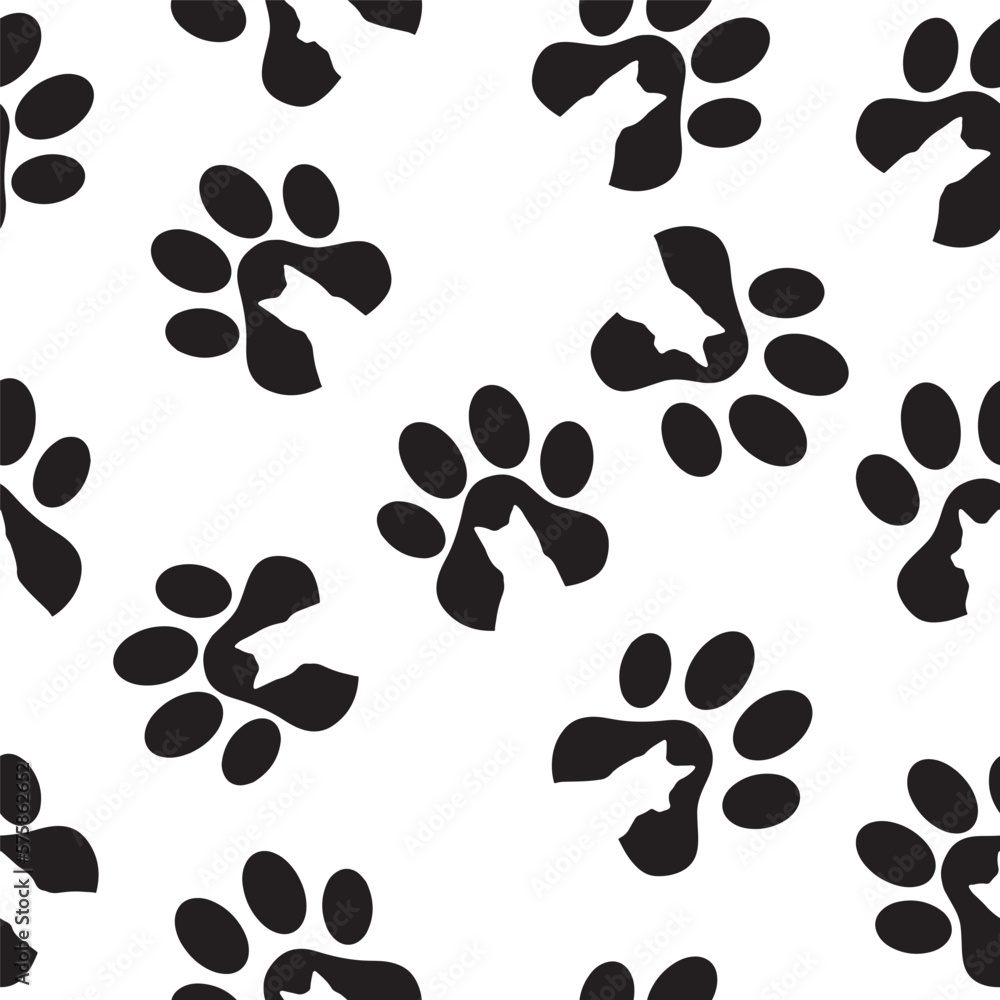 Seamless pattern of animal paws. Paw prints. Dog and cat puppy icon. Traces of a pet. Seamless pattern of animal paws. Paw prints. Dog and cat puppy icon. Traces of a pet.