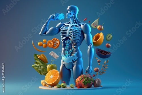 Fruits forming a human body metabolism and nutrition, Eating Diet Food for Energy and Digestion. Generative Ai