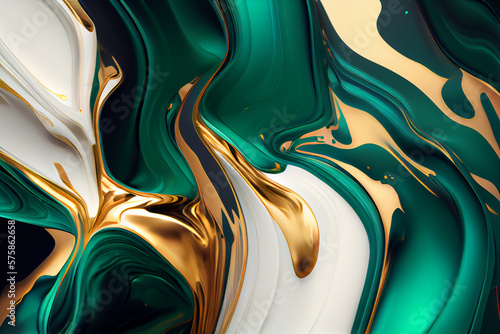 Generative Ai: Liquid abstract background, gold and emerald color