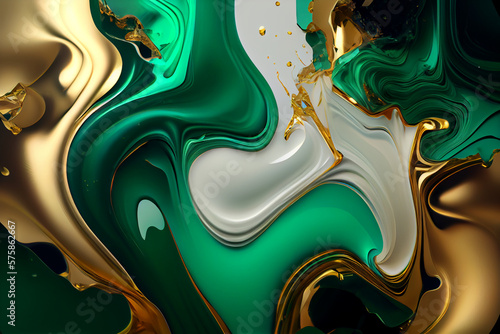Generative Ai: Liquid abstract background, gold and emerald color