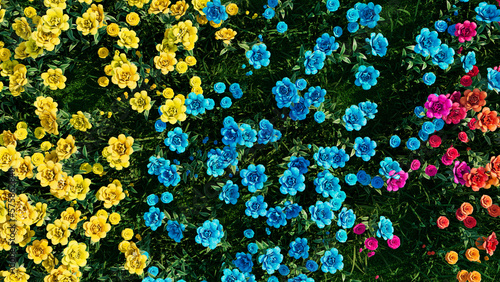 Beautiful Summer Background with Multicolored Flowers. Floral Wallpaper with Turquoise, Yellow and Pink Roses.