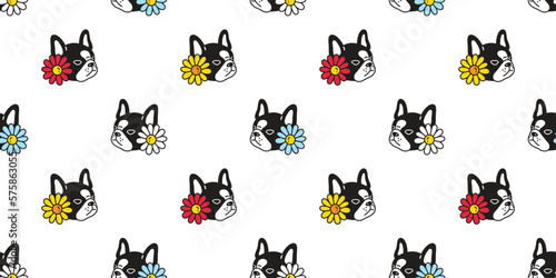 dog seamless pattern french bulldog flower daisy head face vector cartoon gift wrapping paper tile background repeat wallpaper doodle scarf isolated illustration design