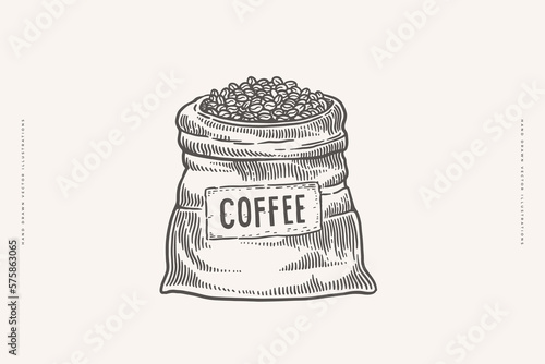 Sack of coffee beans in engraving style. The fruits of exotic plants for making an invigorating drink. Design element for menu, packaging for shop, cafe. Vector vintage illustration.