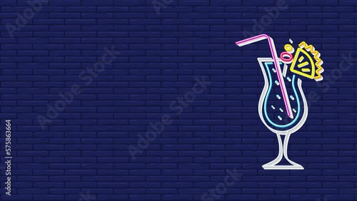 Flashing Neon Cocktail Sign on a Blue Brick Background
