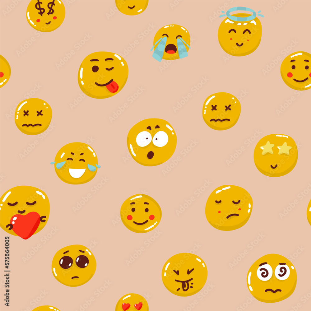 Fototapeta premium Pastel colors smile emoticons pattern. Smiley in pink, blue, yellow and beige, modern, minimal and soft design. Art for fabric, textile, giftware, wallpaper, book cover,