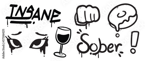 Set of graffiti spray paint vector. Black brush paint ink drip texture collection of text, wine glass, fist, doughnut, face. Design illustration for decoration, card, sticker. banner, street art.