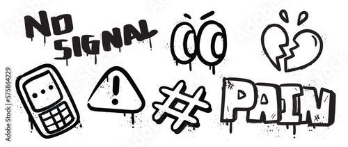 Set of graffiti spray paint vector. Black brush paint ink drip texture collection of text, mobile phone, broken heart, eyeball. Design illustration for decoration, card, sticker. banner, street art.