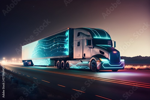 Futuristic Technology Concept modern truck with Cargo Trailer Drives at Night on the Road with Special Effects