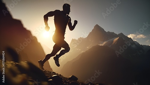 silhouette of a active person running on a mountain on a sunset